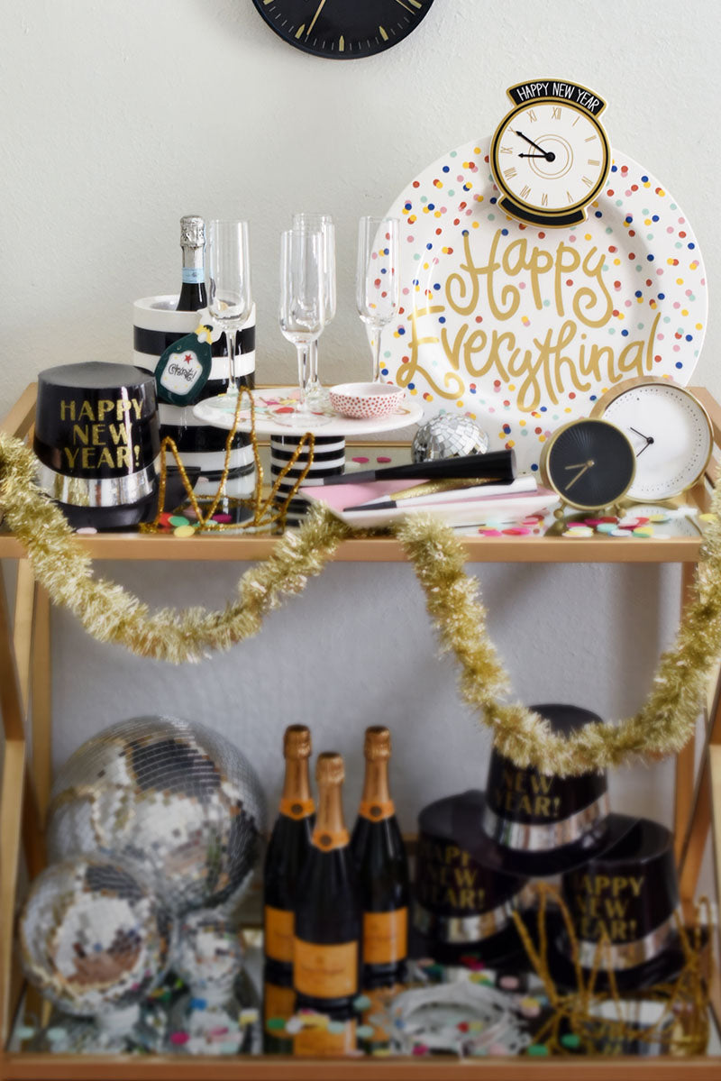 Festive Bar Cart with Champagne, Party Hats, and Disco Balls — New Years Eve Party 2027