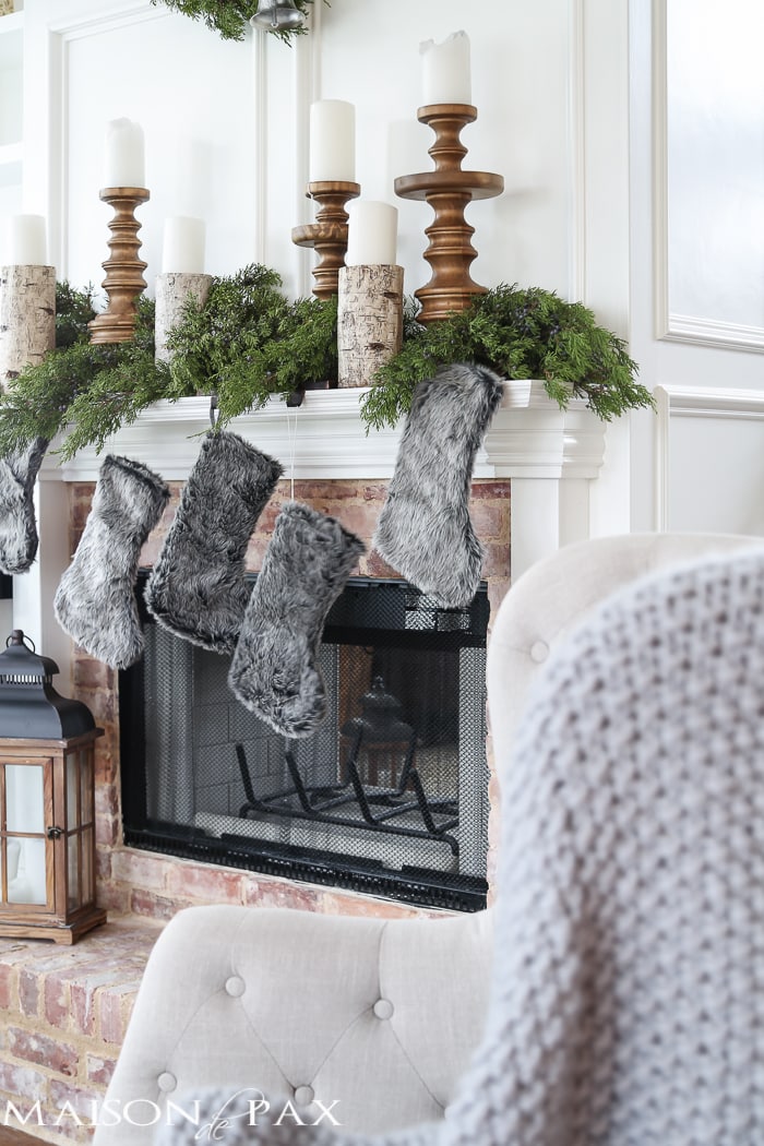 Farmhouse Mantel with Faux Fur Stockings Farmhouse Mantel with Faux Fur Stockings — Christmas Mantel Decor