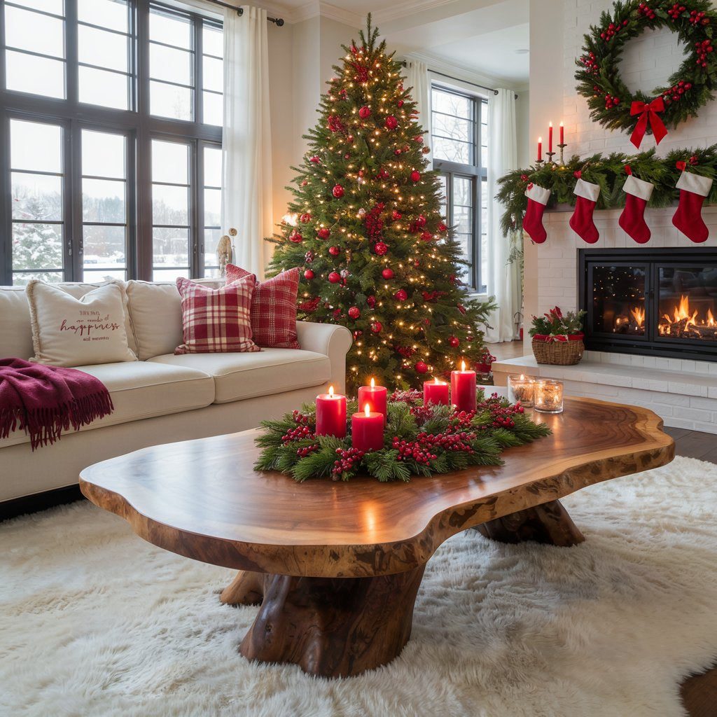 Live Edge Wood Coffee Table with Greenery and Berries Live Edge Wood Coffee Table with Greenery and Berries — Christmas Coffee Table Decor