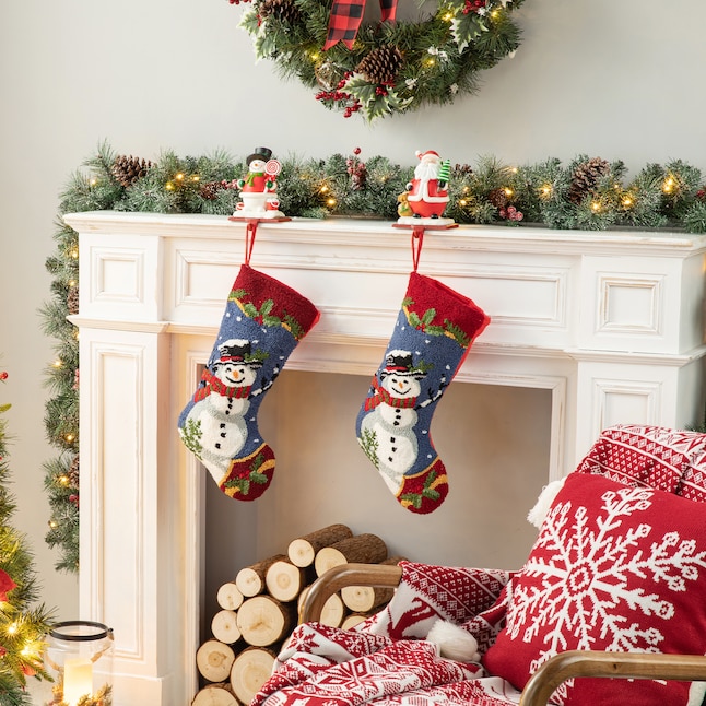 Snowman-Themed Stockings on Decorated Mantel — Christmas Stockings Display