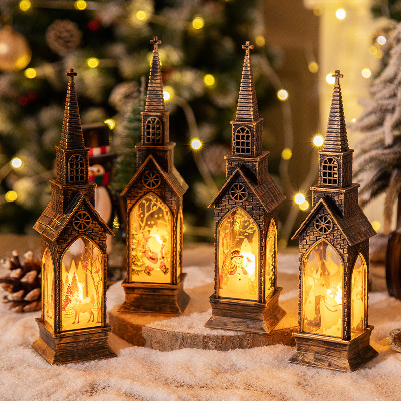 Bronze Church-Shaped Lanterns on a Snowy Surface — Christmas Lantern Lights