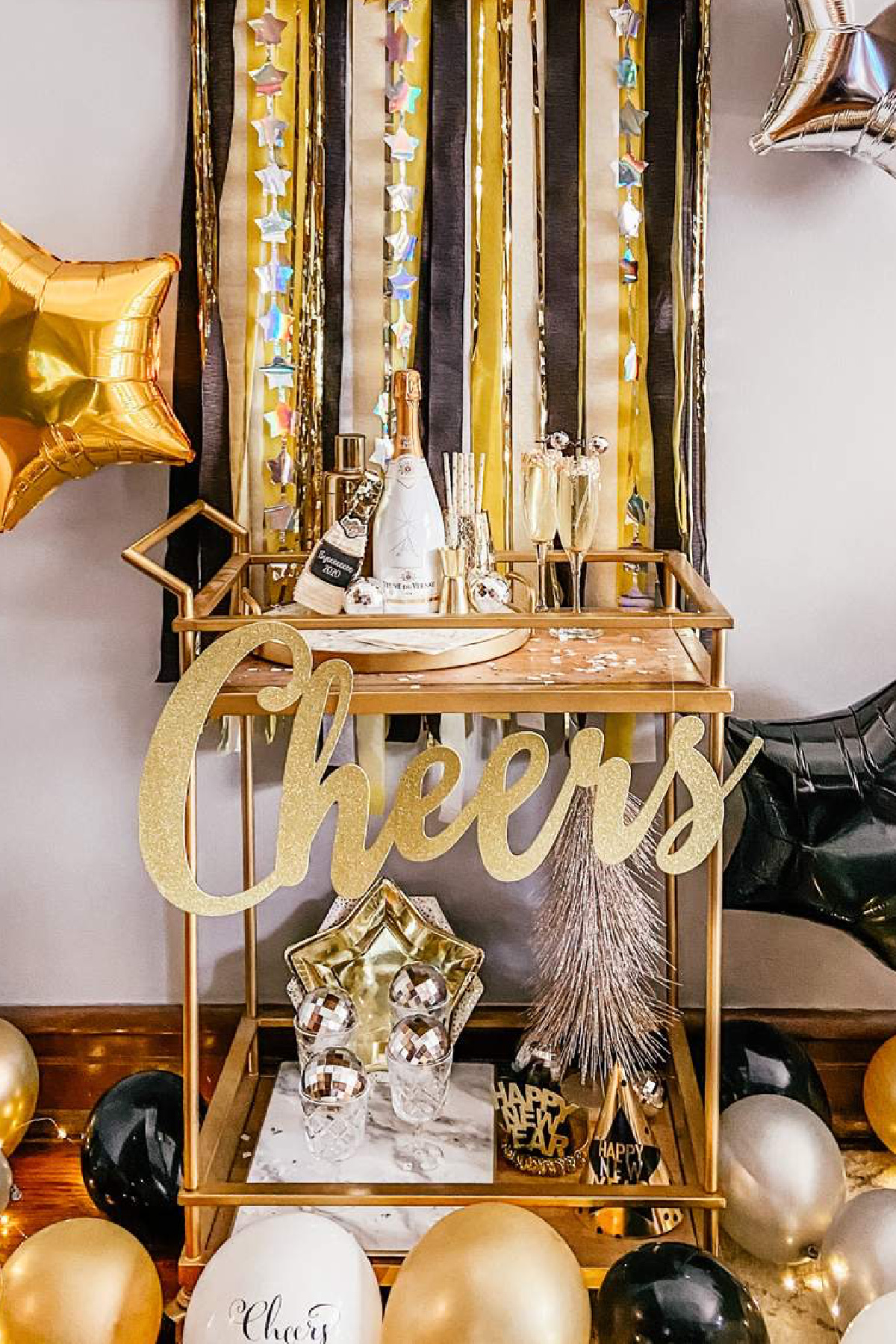 Glam Bar Cart with Champagne, Balloons, and 'Cheers' Sign — New Years Eve Party 2027