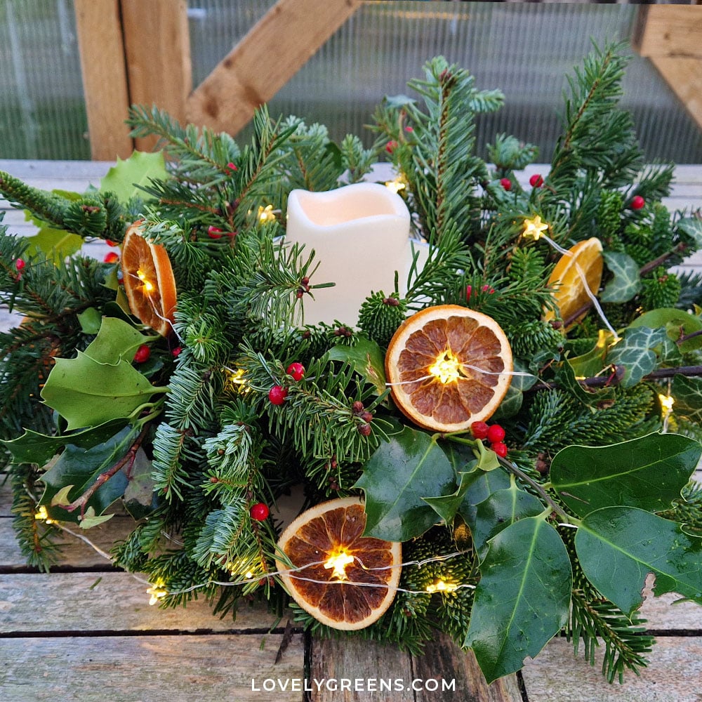 Natural Evergreen and Dried Orange Centerpiece — Simple Christmas Decor