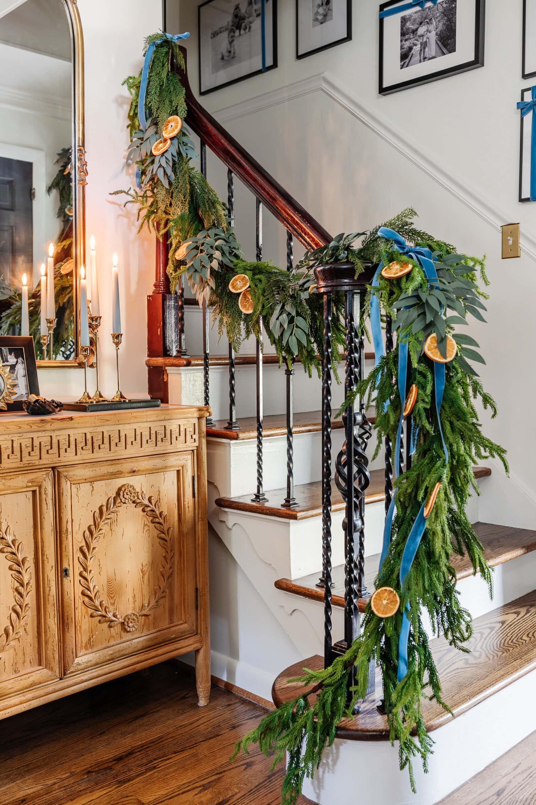 Boho Staircase Garland with Dried Oranges and Blue Ribbon Boho Staircase Garland with Dried Oranges and Blue Ribbon — Christmas Garland
