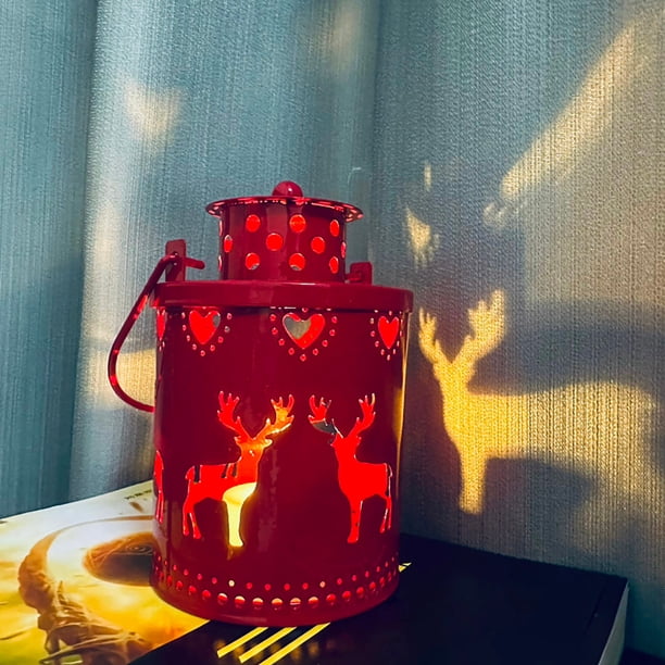Vibrant Red Lantern with Reindeer Cutouts Casting Shadows — Christmas Lantern Lights