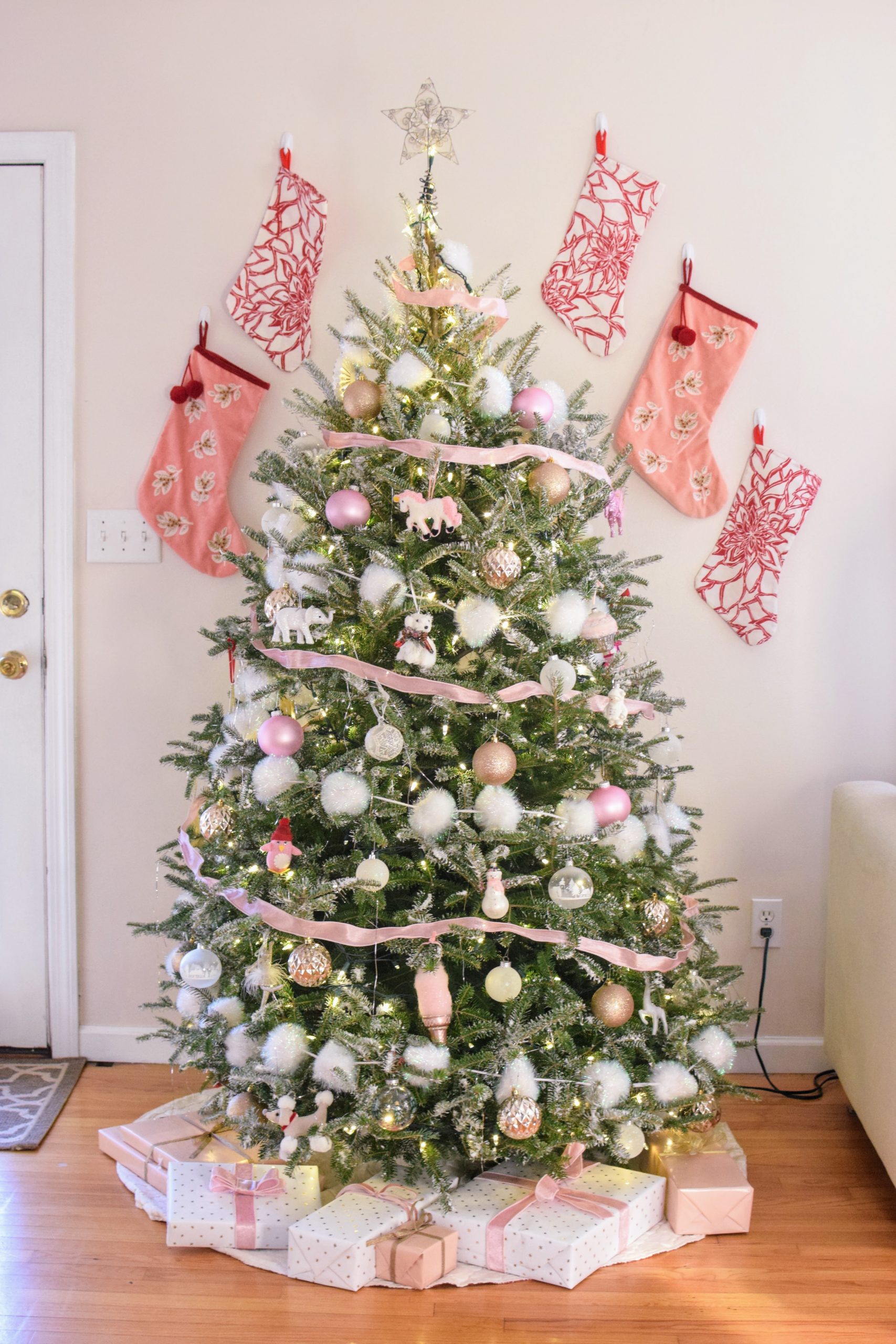 Traditional Pink and White Pom-Pom Christmas Tree — Pink Christmas Decor