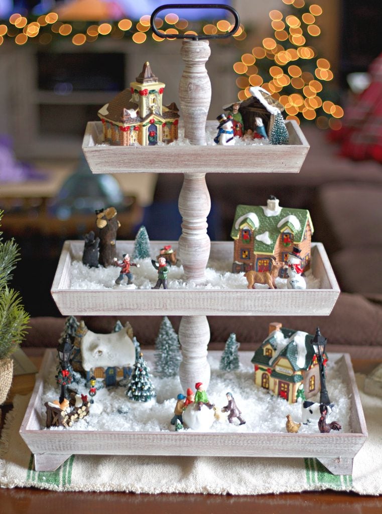 Charming Traditional Village on a Tiered Wooden Tray Charming Traditional Village on a Tiered Wooden Tray — Christmas Village Display