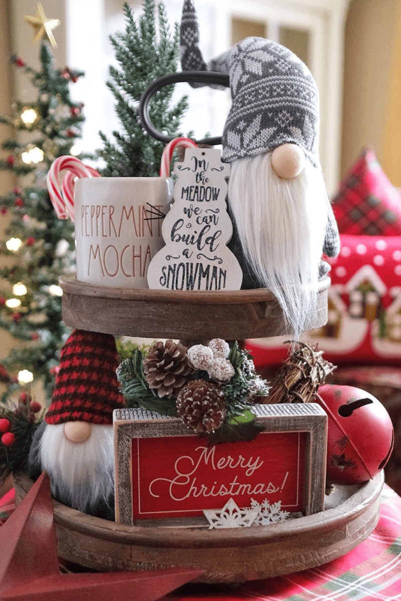 Whimsical Tiered Tray with Gnomes and Festive Signs Whimsical Tiered Tray with Gnomes and Festive Signs — Christmas Tiered Tray