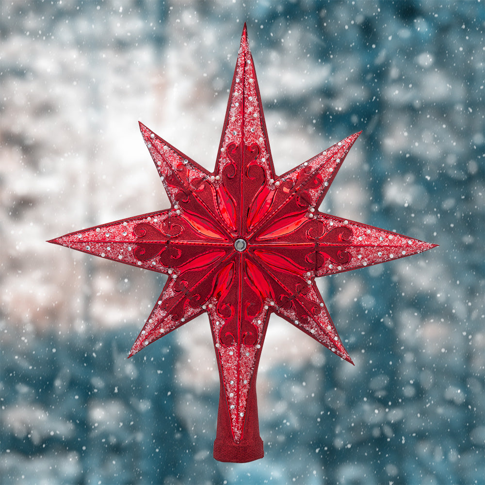Ornate Red Star Topper with Glitter and Metallic Finish — Christmas Tree Topper