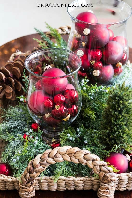 Traditional Tabletop Vignette with Red Ornaments — Simple Christmas Decor