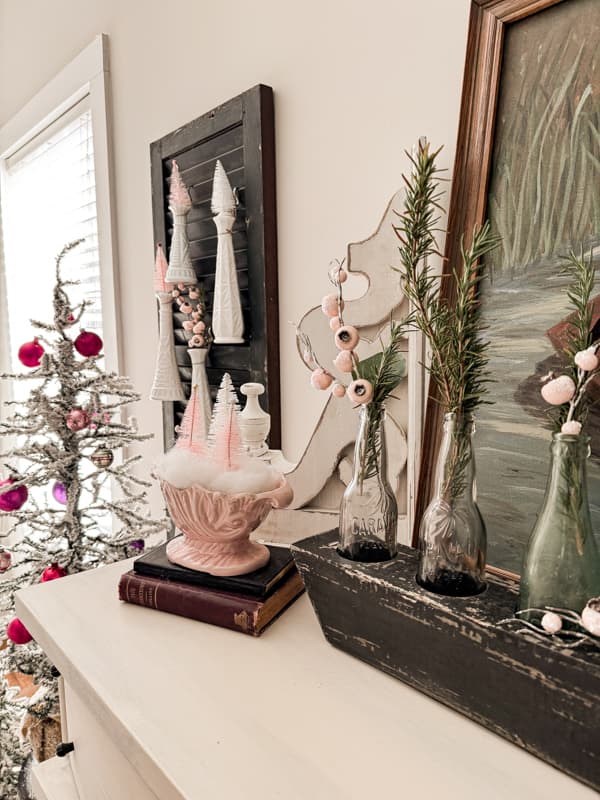 Vintage Pink Christmas Decor Vignette on a Mantelpiece