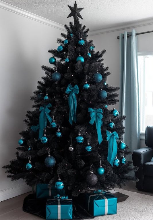 Bold Black Tree with Vibrant Teal Ornaments — Elegant Christmas Tree