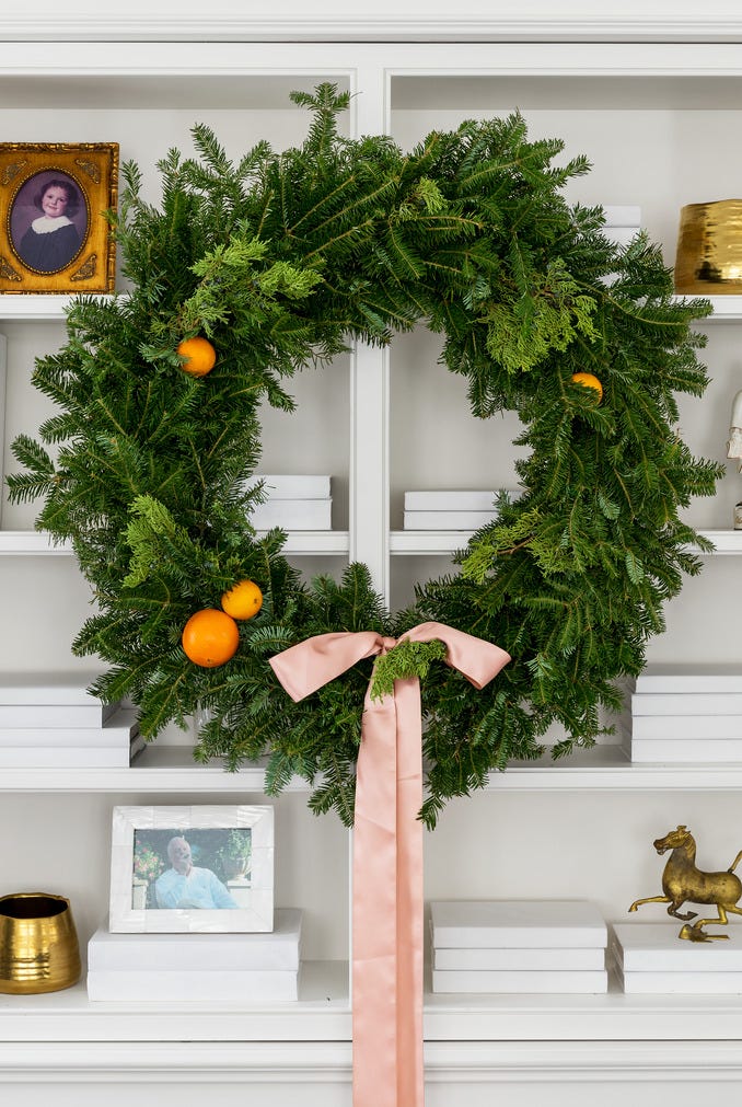 Minimalist Shelf Display with Lush Evergreen Wreath — Simple Christmas Decor