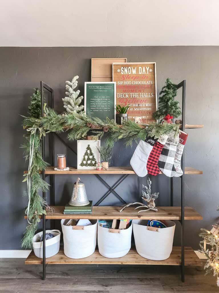 Modern Farmhouse Shelving with Garland and Stockings Modern Farmhouse Shelving with Garland and Stockings — Christmas Shelf Decor