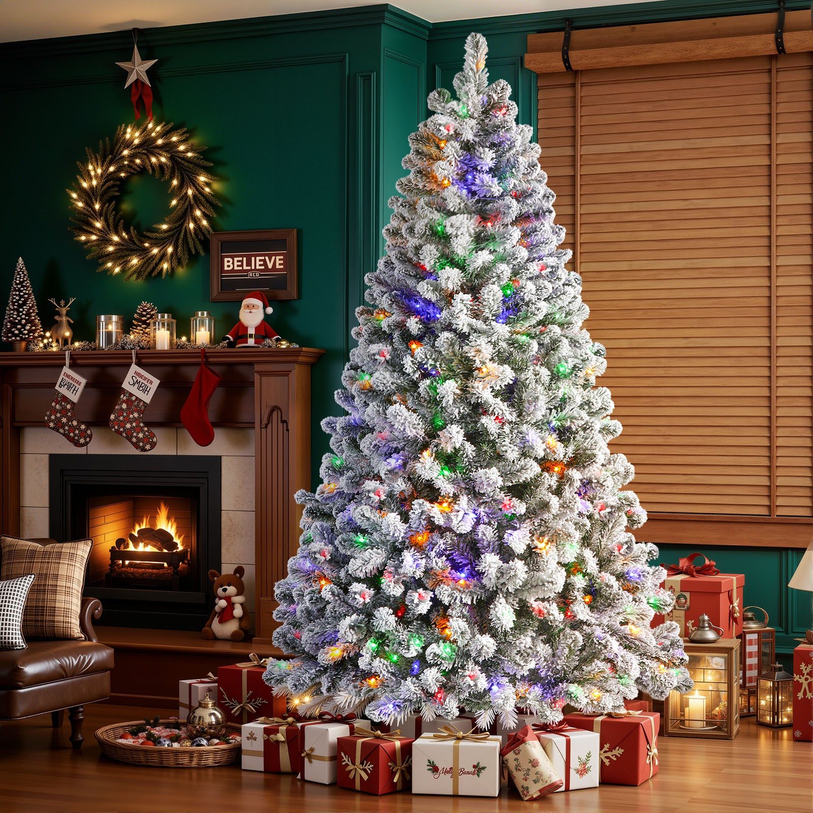 Tree To The Right Of Fireplace Traditional Living Room with Tall Flocked Tree and Vibrant Multicolor Lights Tree To The Right Of Fireplace Traditional Living Room with Tall Flocked Tree and Vibrant Multicolor Lights — Christmas Tree