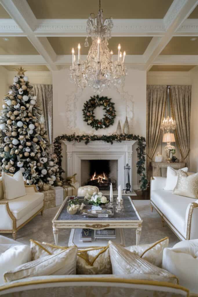 Luxe Living Room with Grand Christmas Tree and Chandelier Luxe Living Room with Grand Christmas Tree and Chandelier — Christmas Living Room Decor
