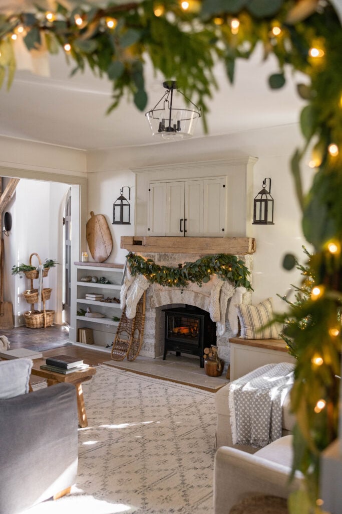 Rustic Charm with Vintage Snowshoes on a Farmhouse Mantel — Farmhouse Christmas Decor