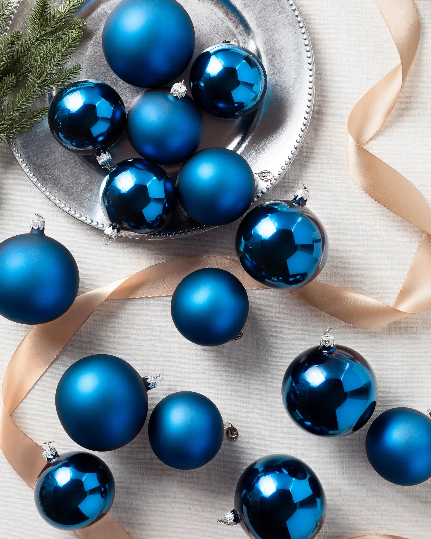 Sophisticated Blue Glass Ornament Collection Display Sophisticated Blue Glass Ornament Collection Display — Blue Christmas Decor