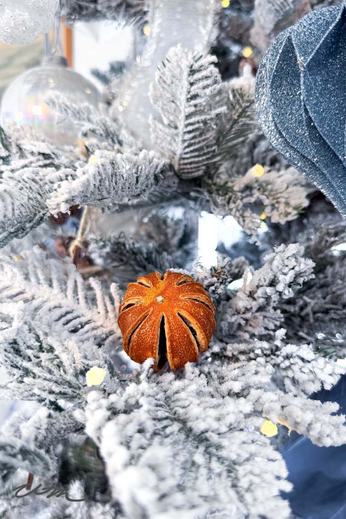 Frosted Christmas Tree Detail with Dried Orange Ornament Frosted Christmas Tree Detail with Dried Orange Ornament — Aesthetic Christmas Decor