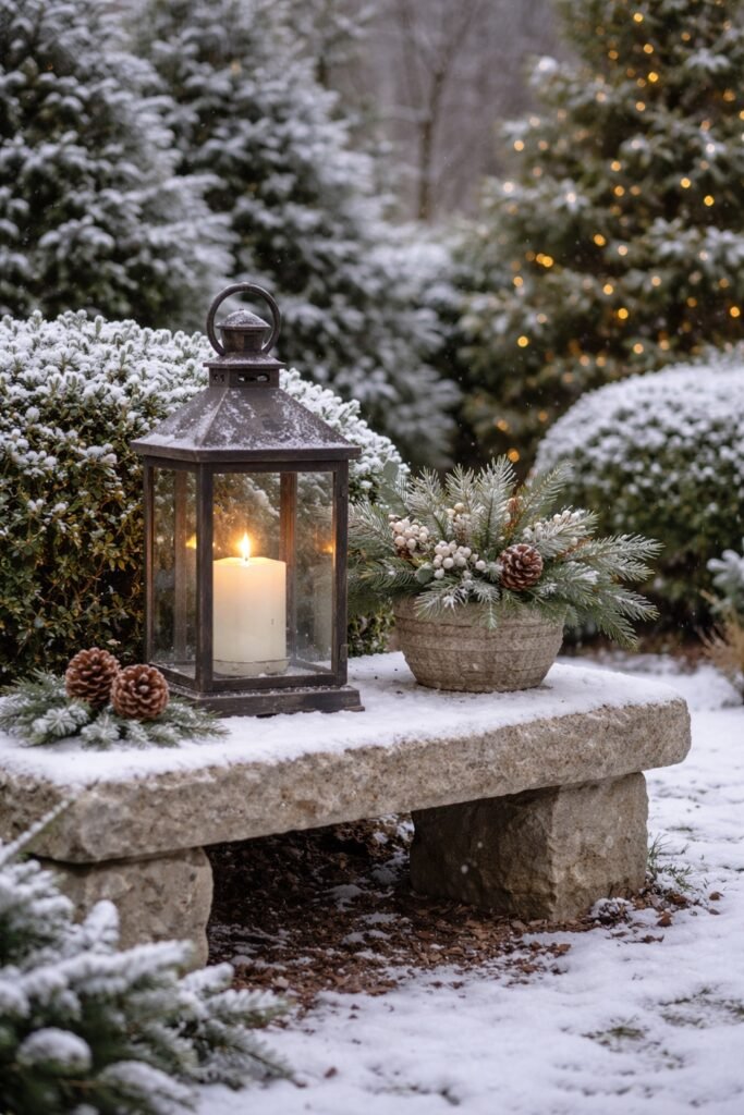 Rustic Garden Vignette with Lantern and Pinecones — Christmas Yard Decor