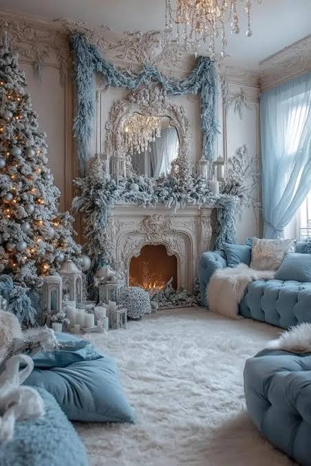 Enchanted Living Room with Icy Blue and White Garlands — Winter Wonderland Christmas Decor
