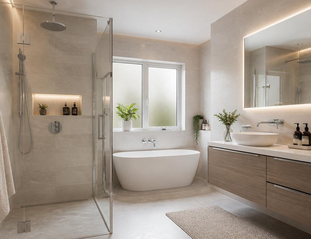 Transitional Style Shower with Beige Brick Tiles — Shower Room Ideas