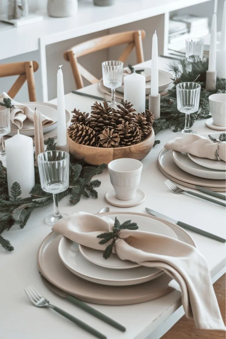 Serene Neutral Christmas Table with Natural Greenery — Christmas Table Setting