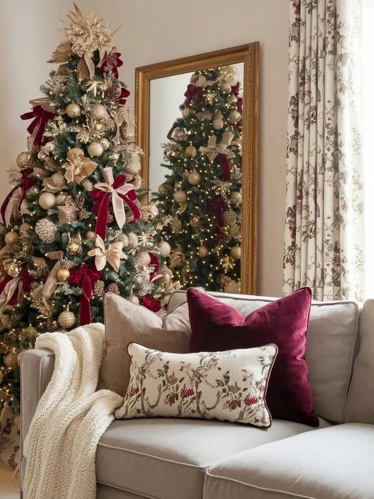 Elegant Christmas Tree with Burgundy Velvet Bows and Gold Ribbons — Burgundy Christmas Decor