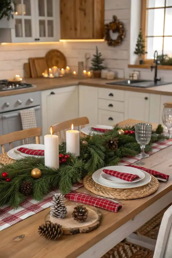 Farmhouse Dining Table Set for Christmas with Pine Garland and Red Checkered Runner — Christmas Kitchen Decor