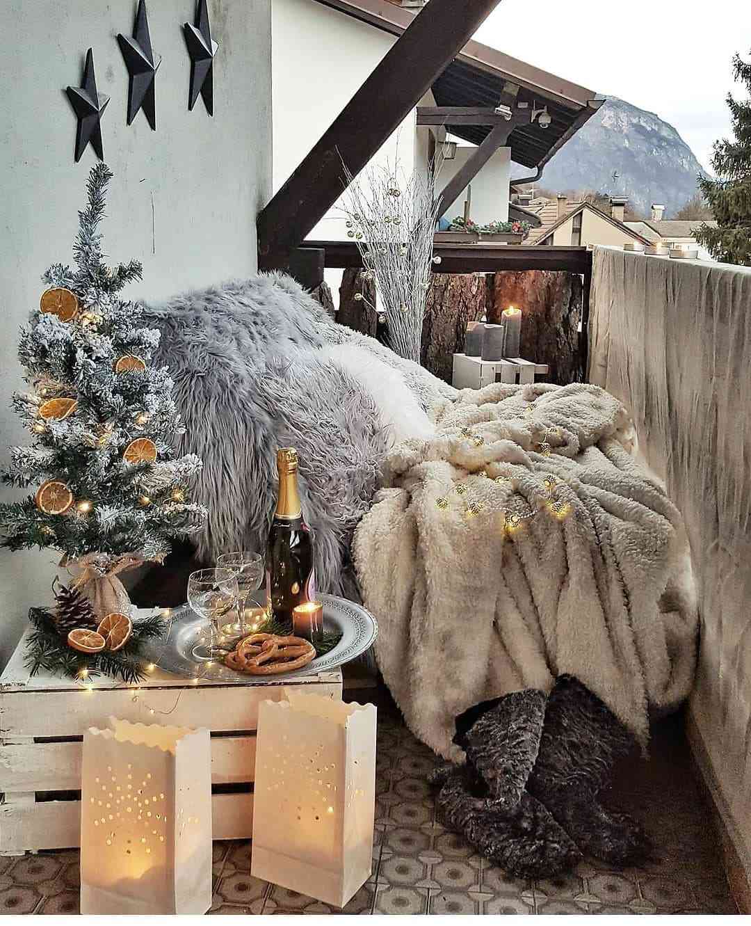Mini Flocked Tree and Cozy Seating for a Festive Balcony Retreat — Christmas Balcony Decor