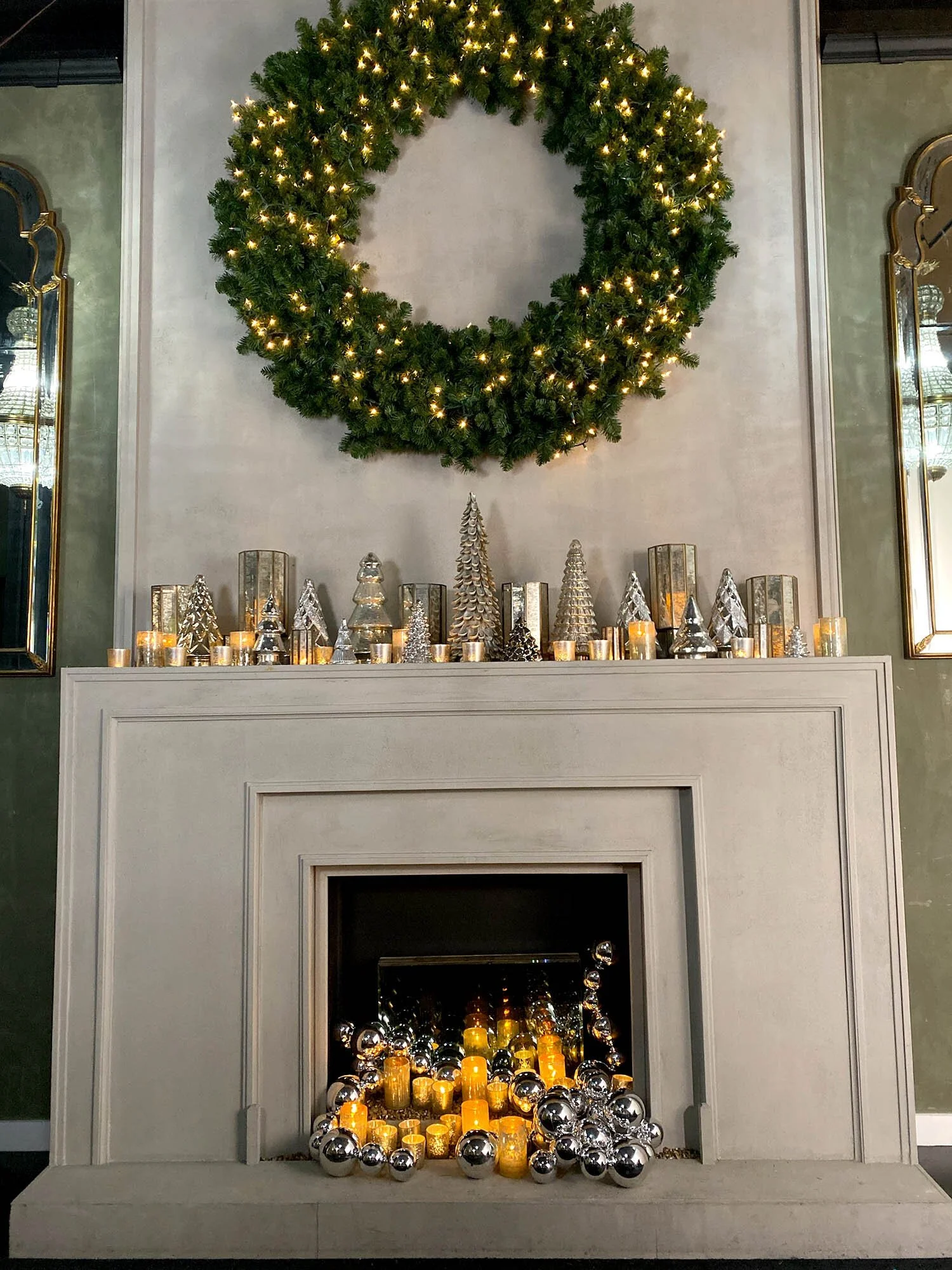 Minimalist Concrete Mantel with Silver Trees Minimalist Concrete Mantel with Silver Trees — Christmas Mantel Decor
