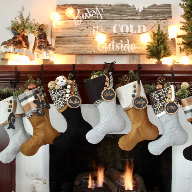 Eclectic Mix of Stockings on Mantel — Christmas Stockings Display
