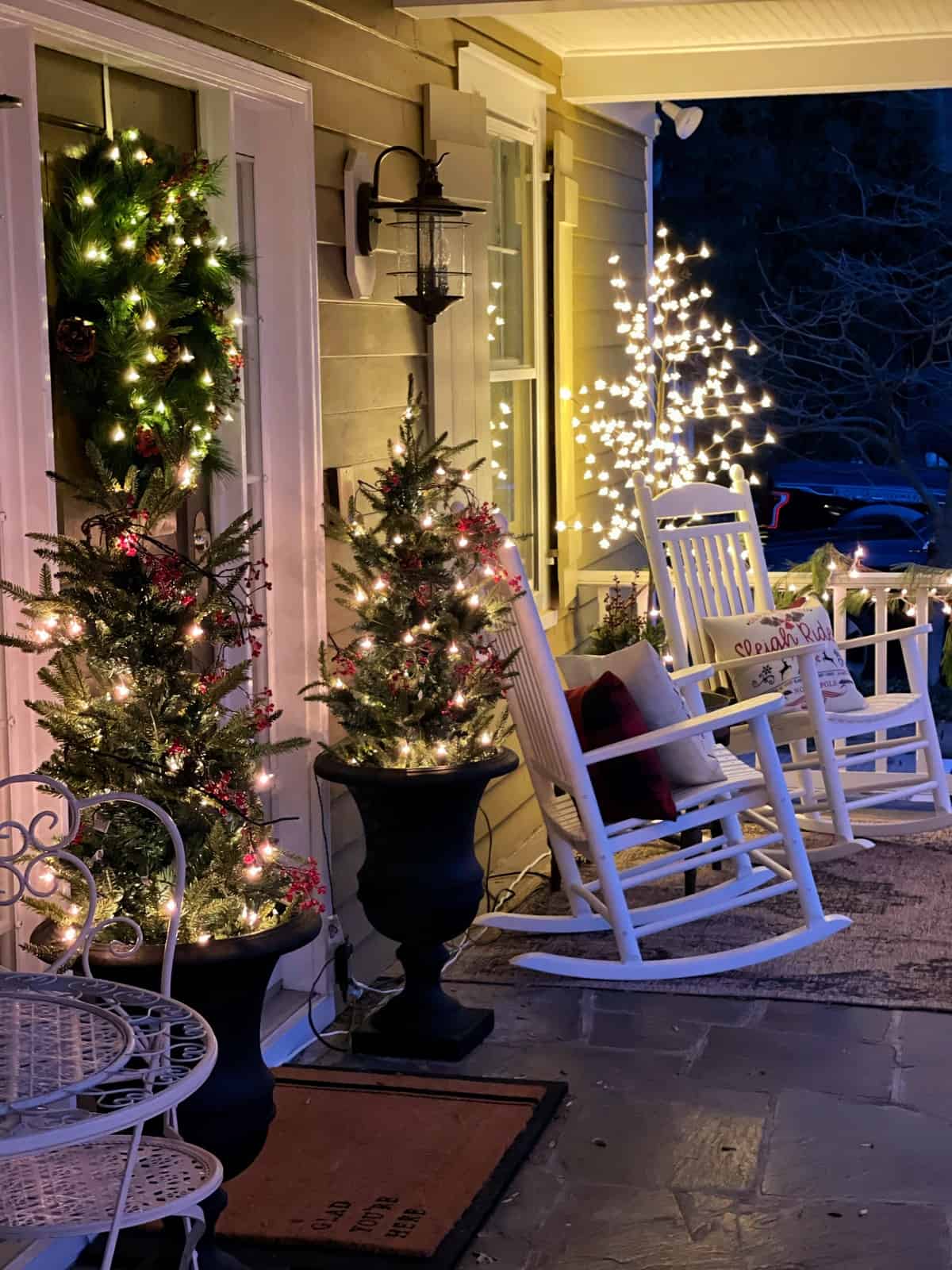 Traditional Porch with Illuminated Trees and String Lights — Outdoor Christmas Lights