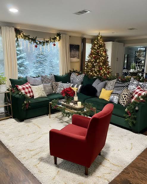 Living Room with Green Sectional and Red Armchair Accents Living Room with Green Sectional and Red Armchair Accents — Red and Green Christmas Decor