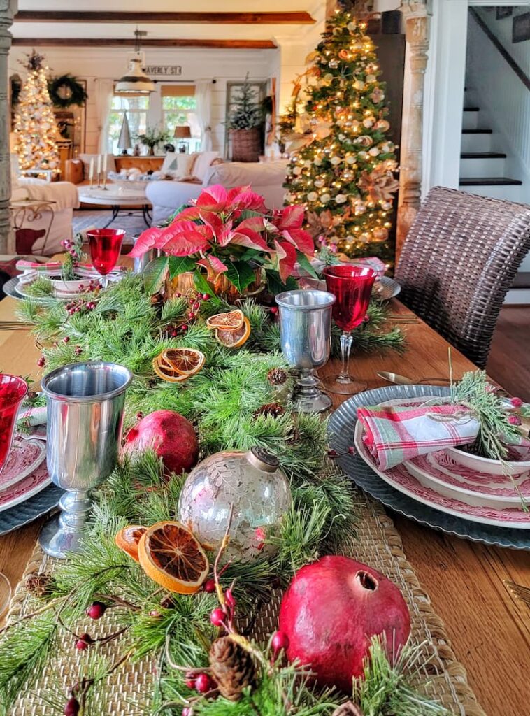 Festive Traditional Christmas Tablescape with Pine Runner and Pomegranates — Traditional Christmas Decor