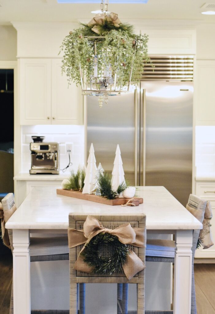 Modern Farmhouse Island Centerpiece with White Trees and Burlap Bows — Christmas Kitchen Decor