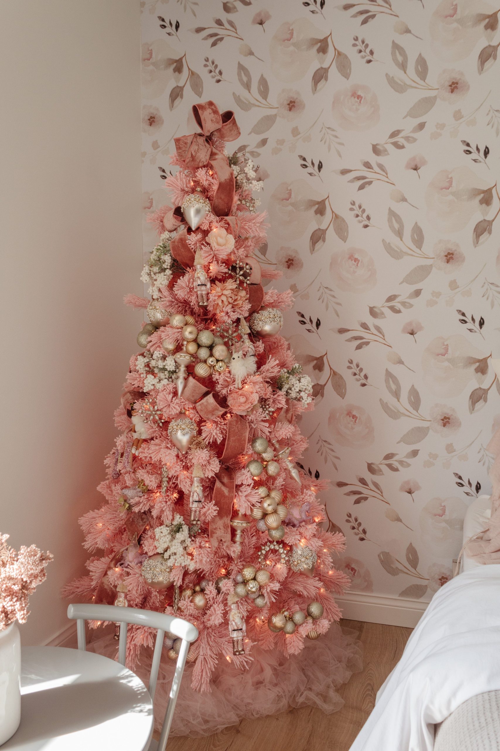 Shabby Chic Flocked Pink Christmas Tree with Gold Accents — Pink Christmas Decor