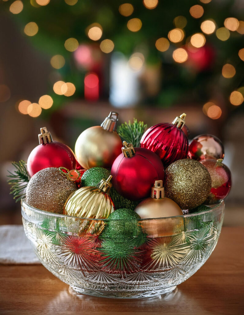 Glass Bowl Filled with Ornaments and Evergreen Sprigs — Christmas Centerpiece
