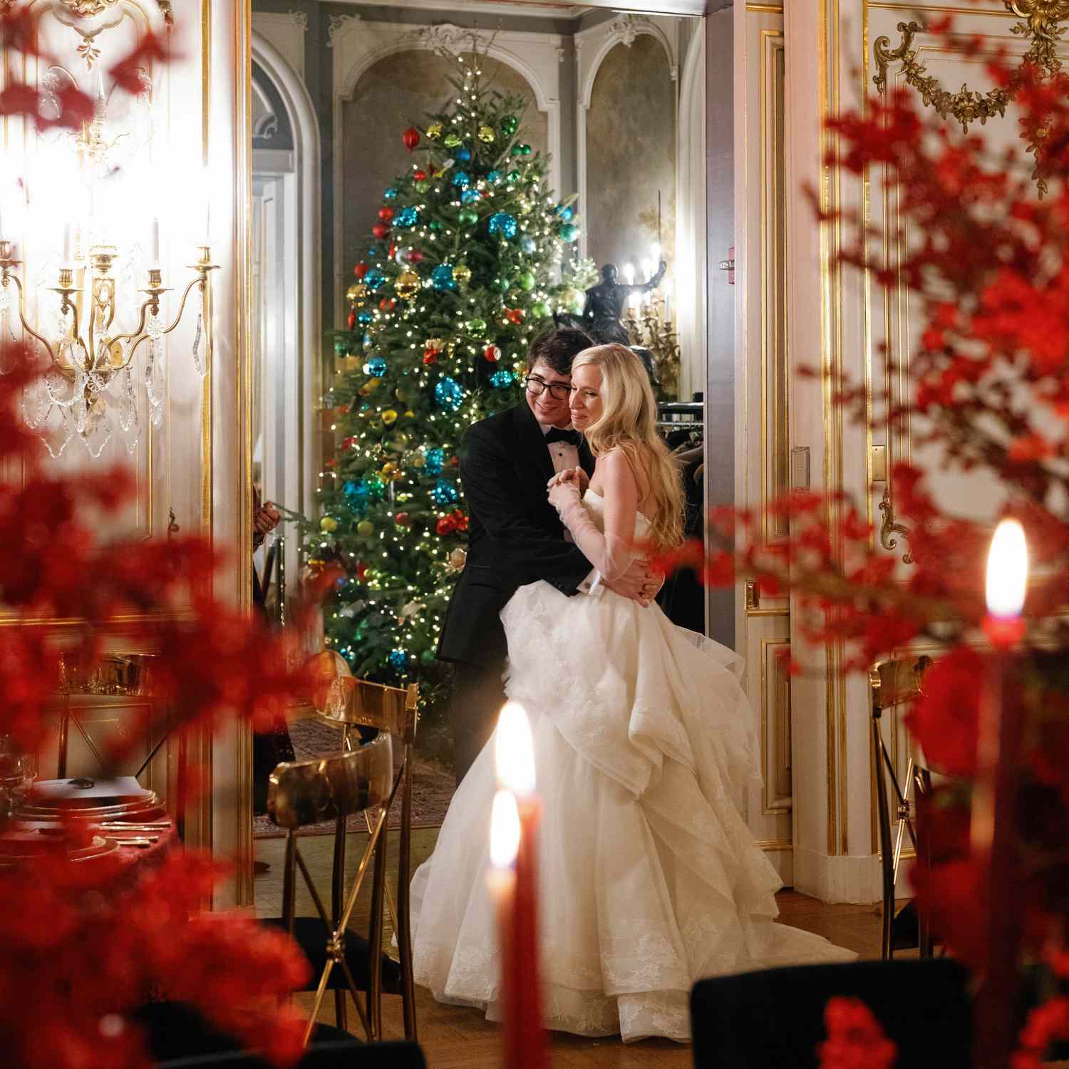 Festive Bridal Bouquet with Bells and Gold Accents — Christmas Wedding Decor