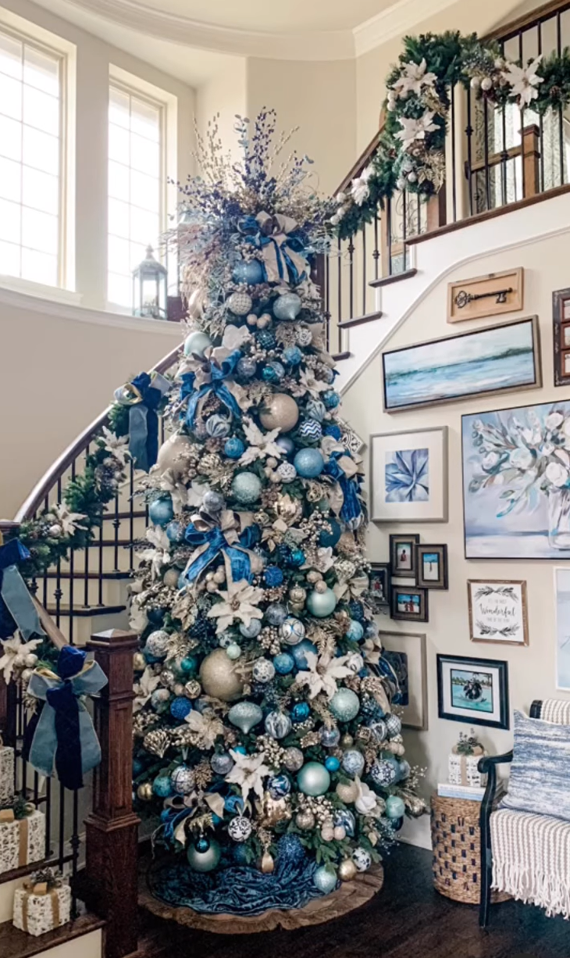Coastal Elegance: Blue, Silver, and Gold Tree by the Staircase — Elegant Christmas Tree