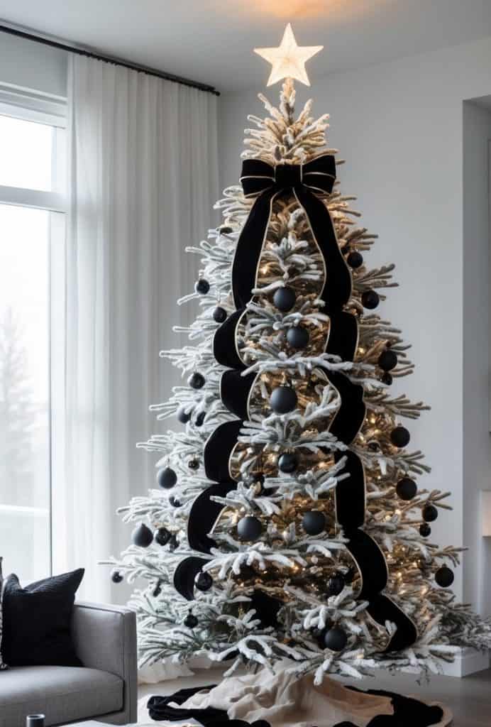 Monochromatic Black Velvet Ribbon on Flocked Tree Monochromatic Black Velvet Ribbon on Flocked Tree — Christmas Tree Ribbon