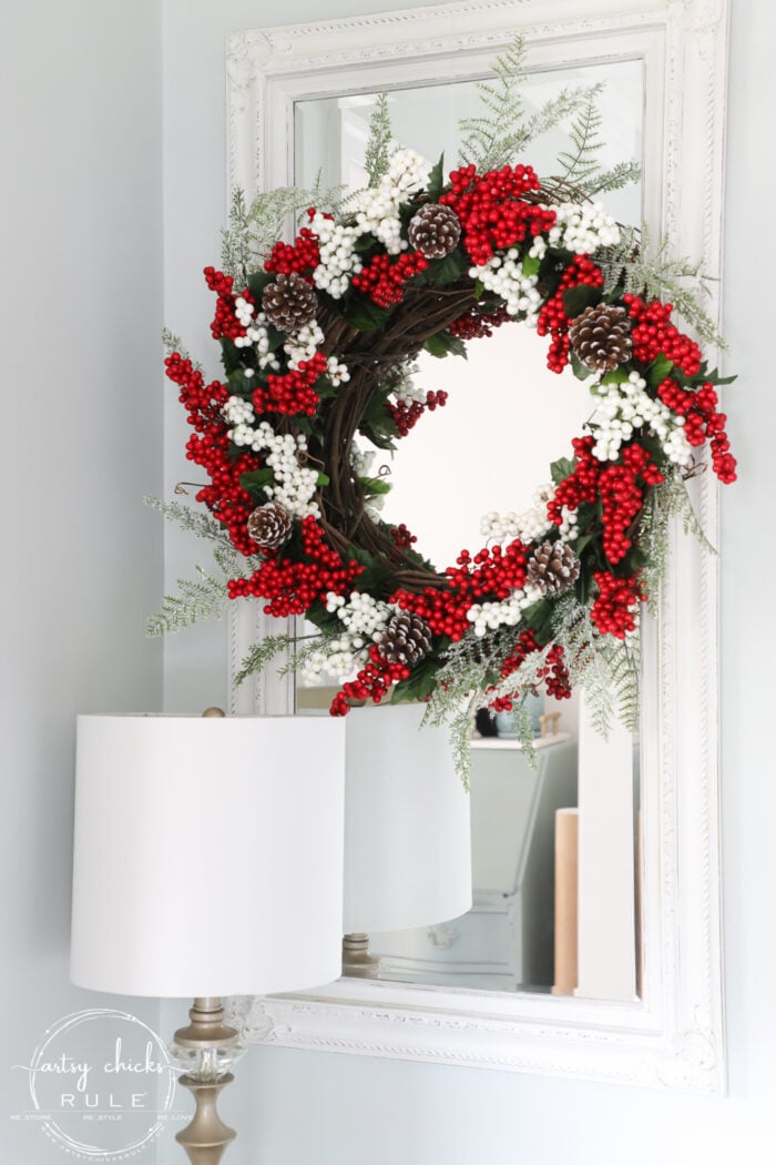 Festive Berry Wreath on a White Framed Mirror — Dollar Tree Christmas Decor