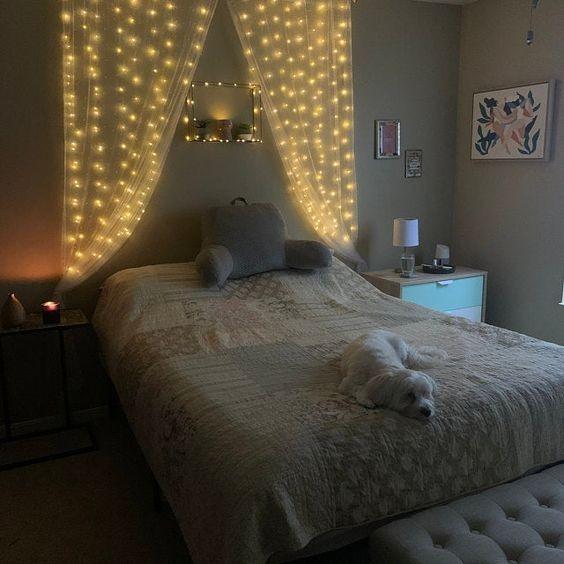 Magical Canopy Headboard Draped in Fairy Lights for a Modern Bedroom — Christmas Fairy Lights Headboard