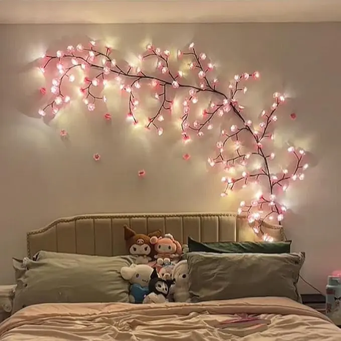 Modern Bedroom with Whimsical Cherry Blossom Fairy Lights Modern Bedroom with Whimsical Cherry Blossom Fairy Lights — Christmas Fairy Lights Wall
