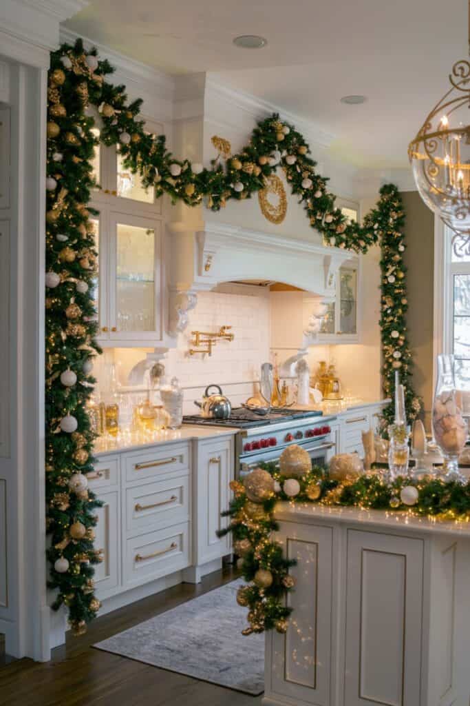 Luxurious Kitchen Garland Draped Over Cabinets and Island — Elegant Christmas Decor
