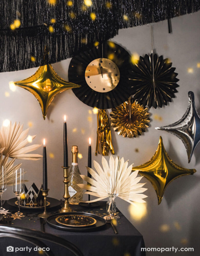 Modern Glam Black and Gold Wall Decor for a Party Focal Point — New Years Eve Party Decor