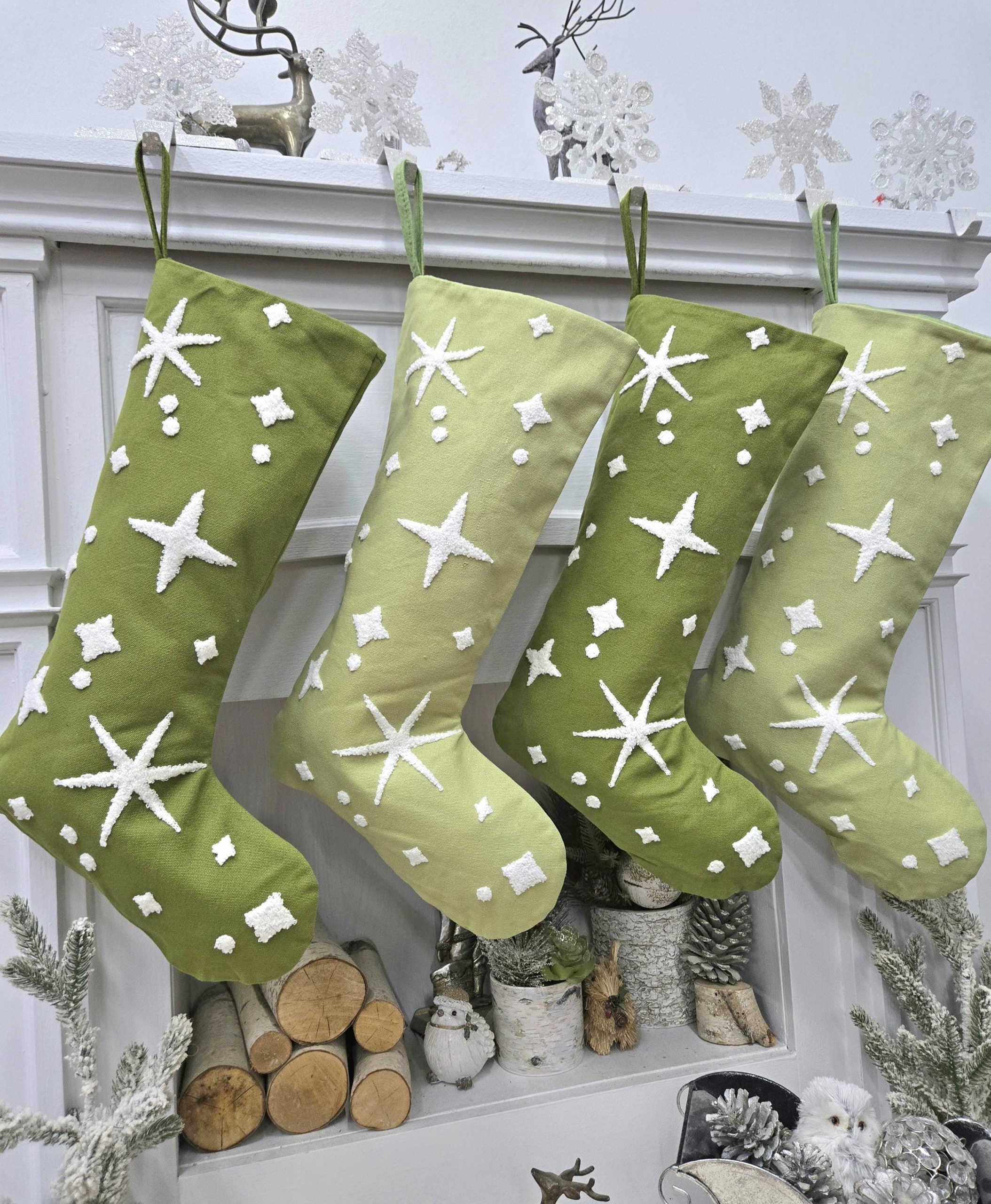 Modern Sage Green Christmas Stockings with Star Embroidery Modern Sage Green Christmas Stockings with Star Embroidery — Sage Green Christmas Decor