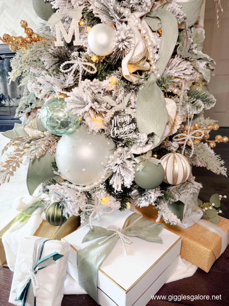 Luxe Minimalist Flocked Tree with Sage Green, Gold, and Pearls — Christmas Tree Color Schemes