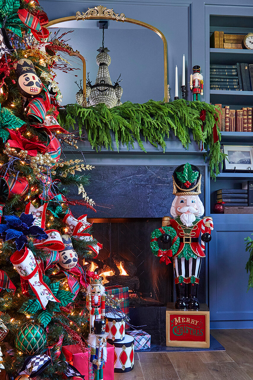Vibrantly Colored Nutcracker by the Fireplace Vibrantly Colored Nutcracker by the Fireplace — Nutcracker Christmas Decor