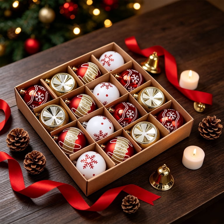 Flat Lay of Red and Gold Ornaments in a Box Flat Lay of Red and Gold Ornaments in a Box — Christmas Tree Trends 2026